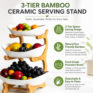Support de service à étages en <span class=keywords><strong>bambou</strong></span> naturel avec 3 bols en céramique, plateau à fruits et en-cas pour la maison, l'hôtel, la table de restaurant - Product Image 1