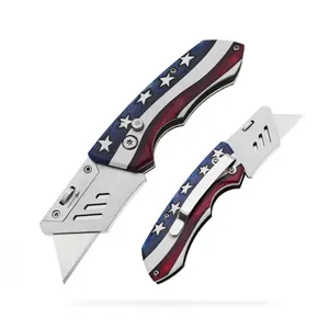 Flag Pattern Utility Knife UV Print Foldable Stainless Steel Safety Change Blades Cardboard Rope Paper Cutting Tool Box Cutter