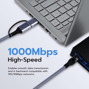 2 in 1 USB a/usb C ไปยังสายอีเทอร์เน็ต6.6FT ประเภท C เพื่อ RJ45 Gigabit LAN Network CORD อลูมิเนียม USB 3.0 Plug & Play แล็ปท็อป - Product Image 4