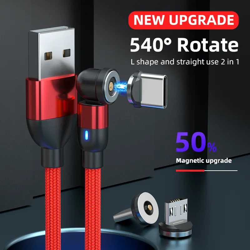Wholesale 540 rotating 3 in 1 LED light magnetic phone cable fast charge usb c charging cable for mobile magnetic cable charger