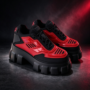 Zapatillas Deportivas Unisex de Plataforma con Suela Gruesa, Estilo Techwear, Color Rojo y Negro, Malla, PU, Parches, Cordones, Estilo Urbano, Casual - Product Image 1