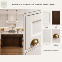 Cuisine complète sur mesure, armoires blanches style Shaker, îlot en noyer, fermeture amortie, plan de travail en quartz, conformité ISPM-15, caisse d'exportation, usine OEM