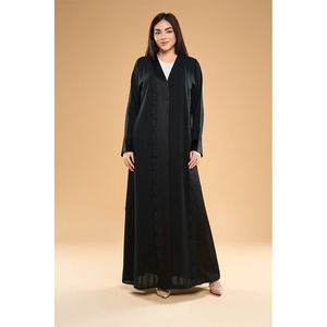 LEDUO Customized Elegant Women Black Chiffon V Neck Embroidery Ramadam Open Style Kaftan - Product Image 1