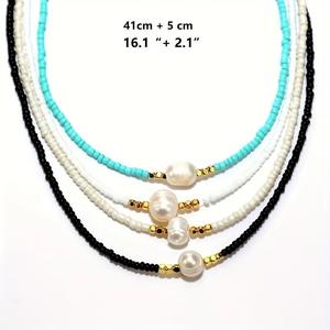 <b>Boho</b> Seed Bead <b>Necklace</b> Natural Freshwater Pearls Stainless Steel Gold square Beaded <b>Necklace</b> - Product Image 2