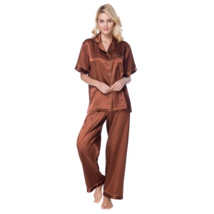 Luxury Satin Brown <strong>Button</strong> Down PAJAMA Sets for Women Cooling <strong>Dressing</strong> <strong>Gown</strong> with Thermal Features for Daily Life Summer Sleep - Product Image 3
