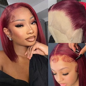 Peluca de Cabello Humano Liso Corto <span class=keywords><strong>Bob</strong></span> 99j Borgoña Pre-arrancada con Color, Encaje Frontal Completo HD Transparente 13x4, 10-14 Pulgadas, 200 Densidad - Product Image 2