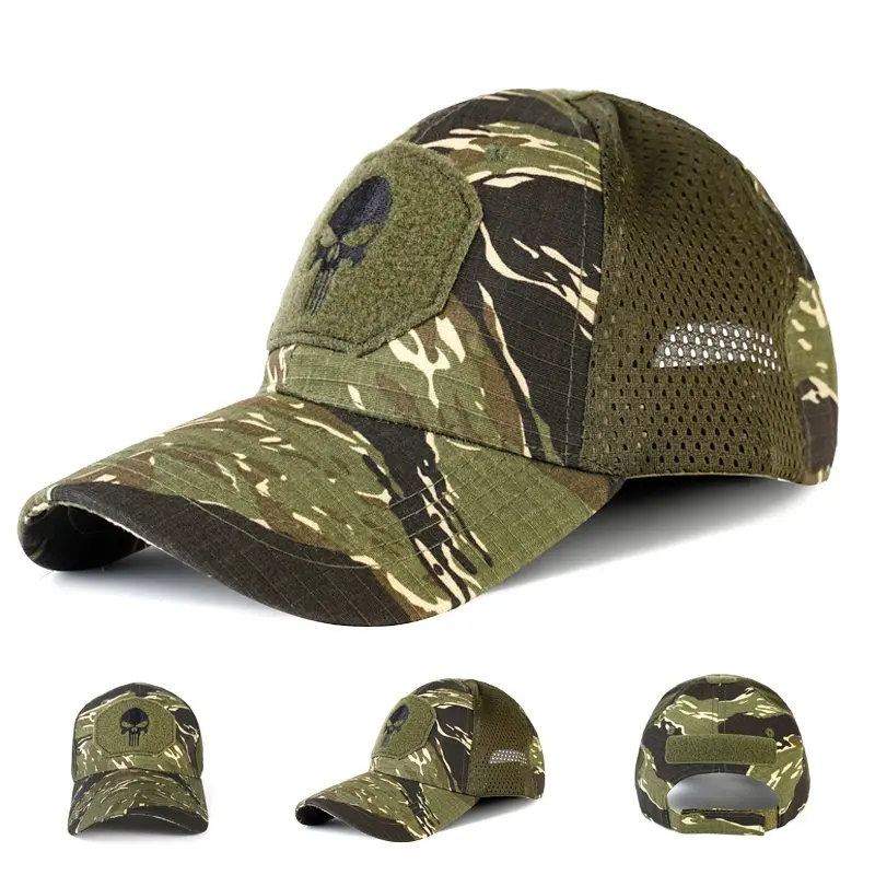 Wholesale Outdoor Sport Camouflage Curved Brim Baseball Cap Skull Embroidery Mesh Camo Tactical Cap