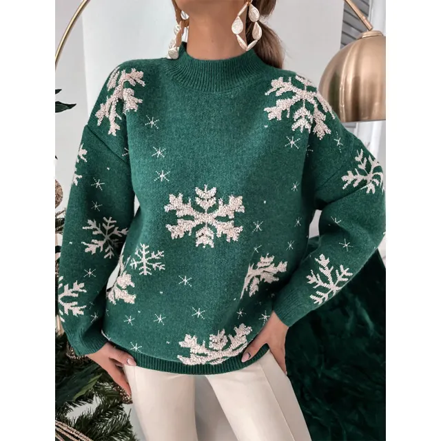 Winter Dames Elegante Truien Kerst Sneeuwvlok Grafische Jacquard Trui Oversized Color Block Gebreide Trui Vrouwen