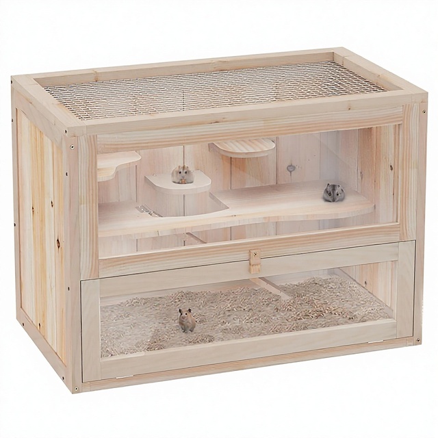 Modern Wooden Hamster Gerbil Cage Platforms Ramp Mice Rodent Hutch Exercise Play House 60x35x42cm Natural Wood Finish Box
