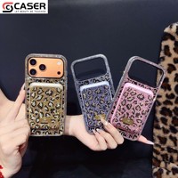 Casing Ponsel Magnetik Motif Leopard Berhias Berlian Imitasi dengan Tempat Kartu Senada, Pelindung Anti Benturan Kristal Berkilau untuk iPhone 12-17Pro Max