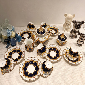 Complete Cobalt Blue Gold Embossed Floral <b>Bone</b> <b>China</b> <b>Dinner</b> Plate <b>Set</b> Teapot Cups Sugar Creamer Baroque Style Eco-Friendly - Product Image 5