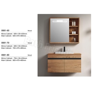 Meuble de salle de bain suspendu en <span class=keywords><strong>bois</strong></span> de noyer de luxe rétro avec miroir à LED, rangement latéral ouvert et tiroirs de rangement, meuble-lavabo mural - Product Image 5