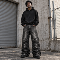 Jeans Baggy Noirs Personnalisés pour Hommes, Coupe Large, Effet Délavé, Panneaux Patchwork, Cloutés, Style Moto Streetwear, Pantalon en Denim, Vente en Gros B2B OEM