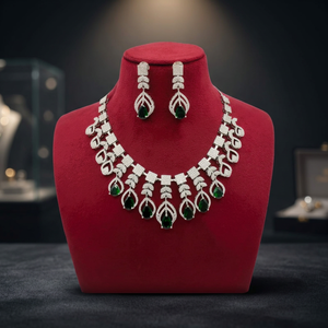 <b>Silver</b> Plated American Diamond <b>Choker</b> Necklace Set Rose Pink Crystal Drop Cubic Zirconia Necklace with Earrings for Women - Product Image 2