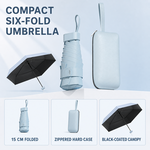 Parapluie de poche mini pliable 6 volets JUNVOY 15 cm avec revêtement noir anti-UV, étui rigide à fermeture éclair, double usage soleil/pluie - Product Image 1