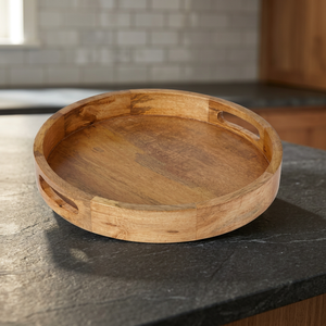 Bandeja Redonda de Madera para Servir con Asas, Diseño Moderno Hecho a Mano, Ecológica, TLT 18WT-005, para Servir Comida en el Hogar - Product Image 3