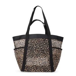 Borsa Tote Leopardata Stile Vacanza, Borsa a Mano a Quadri Portatile di Grande Capacità per il Tempo Libero al Mare, Borsa da Spiaggia a Rete a Righe - Product Image 2