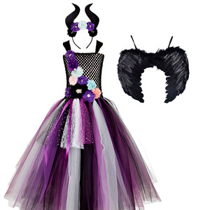 Robe de sorcière <span class=keywords><strong>maléfique</strong></span> Robe tutu en maille pour filles Robe Cosplay avec bandeau - Product Image 6
