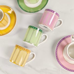 Colorful Geometric Ceramic Coffee Cup And Saucer <b>Set</b> 6 Pieces Bone China Espresso Cups For Home Kitchen And Afternoon Tea - Product Image 3