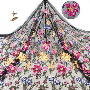 Mesh Floral <strong>Sequin</strong> Embroidery Beaded Layered Leaf Pattern Embroidered Polyester Fabric 130cm Width Fashion Dress Cheongsam - Product Image 5