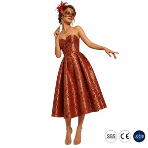 <span class=keywords><strong>Robe</strong></span> de soirée mi-longue pour femme, style baroque floral jacquard, avec fil métallique doré, décolleté cœur, sans bretelles, style carnaval, personnalisable, vente en gros - Product Image 1