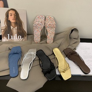 Flat Sandals Square Toe Slip-On Korean Style Summer Fashion Trend <b>Bow</b> Decoration Solid Color Women's <b>Shoes</b> - Product Image 3
