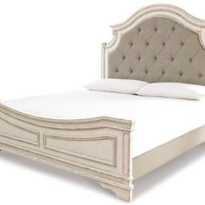 Cama King Size Ajustable de Madera Maciza Tradicional Minimalista, con Marco Blanco Tallado a Mano y Diseño de Cabecera Tapizada para Sala de Estar - Product Image 1