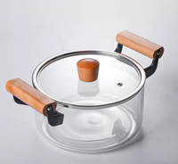 Olla de vidrio de borosilicato grueso para cocina, cacerola de vidrio con mango de madera