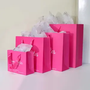 Sacola de presente rosa para compras de roupas de luxo personalizadas, sacola de papel para compras, sacola de papel com alças para roupas