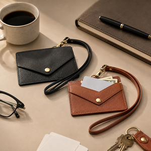 Custom Genuine Leather ID Card Holder with Detachable Wrist Strap Clear ID Window Snap Closure Slim <strong>Badge</strong> <strong>Wallet</strong> for Men Women - Product Image 2