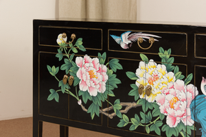 Buffet d'entrée en bois massif peint à la main, motif pivoine et phénix, avec quincaillerie en laiton vieilli, symbole de prospérité et de richesse - Product Image 3