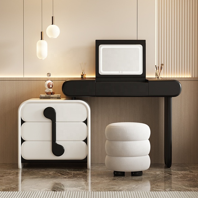Modern Design Corner Vanity Makeup Desk Home Furniture Multi-purpose Dressing Table in White and Black With Mirror and Light