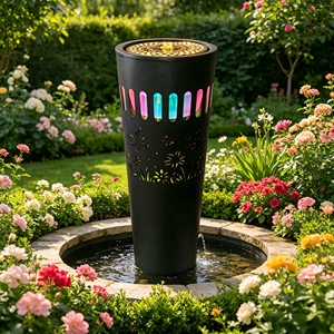 Fontaine d'eau moderne noire sur pied avec lumières LED colorées et découpes florales, élément aquatique d'intérieur pour la décoration de la maison et du bureau - Product Image 4
