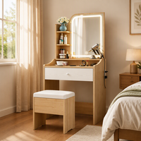 Ensemble coiffeuse moderne en bois avec miroir LED, étagère de rangement ouverte, tiroir et tabouret rembourré pour chambre à coucher