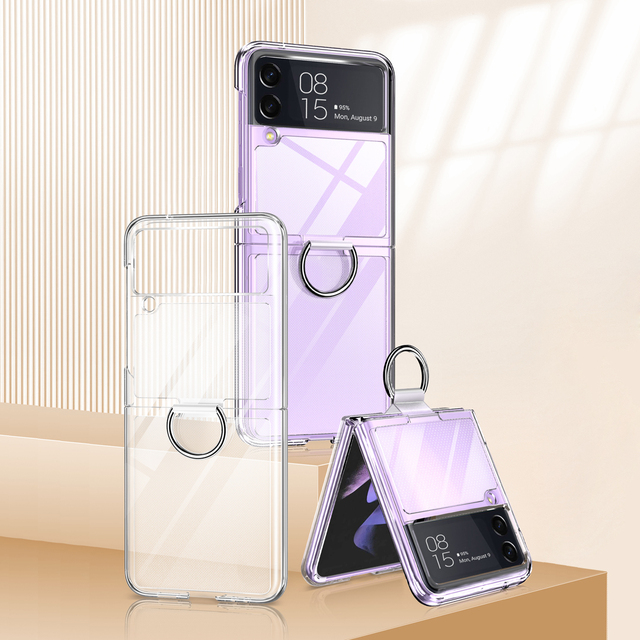 Smooth Frosted Anti Shock Mobile Phone Cover for Samsung Z Flip 4 3 With Finger Ring Crystal Clear Case