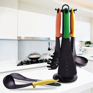 Heat Resistant Black Kitchen Cooking Tools 6 Pieces Standing Handle Nylon Kitchen Cooking <b>Utensils</b> Set with Holder - Product Image 2