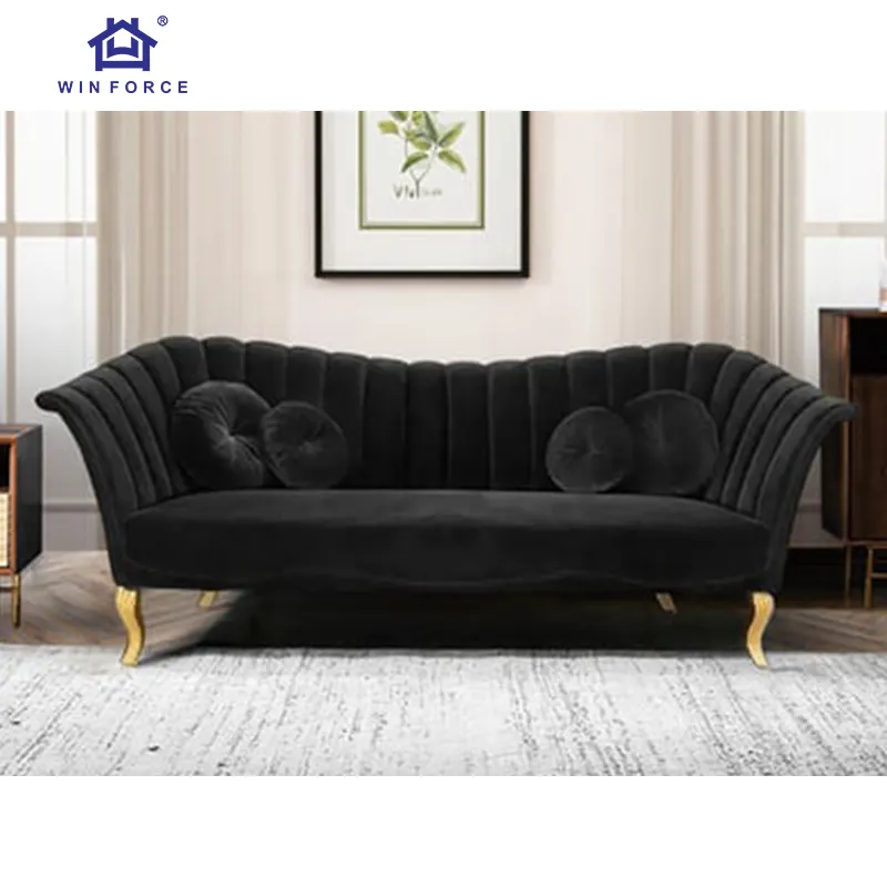 Winforce European Style Designer Sectional Classic Black Velvet Sofa Living Room Furniture Luxury Sofa Couches