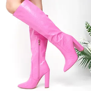 Sepatu bot tinggi paha musim dingin elegan sepatu bot hak Stiletto jari kaki runcing kulit paten Jelly merah muda wanita