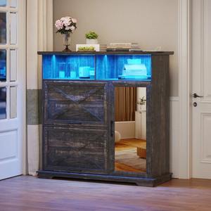 Meuble à chaussures de style farmhouse en MDF de haute qualité avec miroir et éclairage LED pour entrée et couloir - Product Image 2