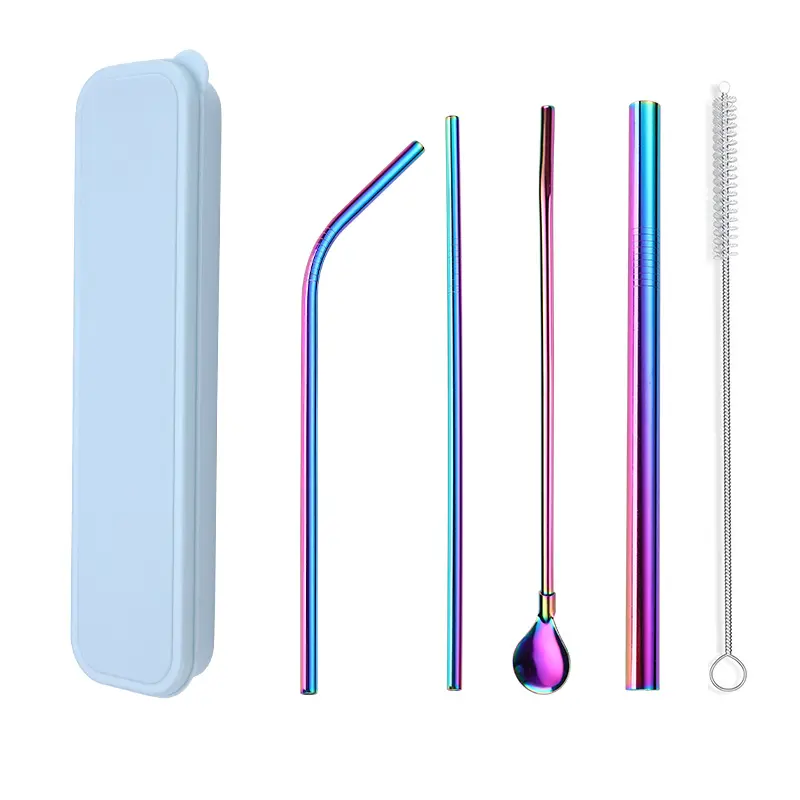 Scatola dei colori set portatile di 5 cannucce in acciaio inossidabile set cannucce riutilizzabili in metallo Boba cucchiaio con spazzola per la pulizia