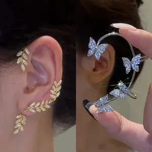Nouveau long cristal feuilles gland crochet Clip boucles d'oreilles femmes Simple Cartilage papillon oreille manchette boucles d'oreilles