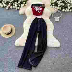 Ensembles Y2K d'été pour femmes : Haut bustier sans manches et ensemble en jean taille haute avec lettres, survêtements de jogging – Vente en gros - Product Image 1