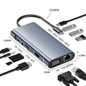 11 in 1 çoklu tip <span class=keywords><strong>C</strong></span> USB3.0 * 2 + + USB2.0 * 2 + <span class=keywords><strong>USB</strong></span>-<span class=keywords><strong>C</strong></span> PD şarj + 4K HD + SD + TF + 3.5mm ses + 1000mbps + VGA <span class=keywords><strong>USB</strong></span>-<span class=keywords><strong>C</strong></span> Hub adaptörü - Product Image 1
