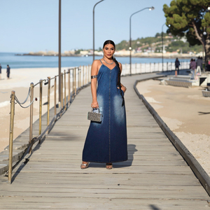 Maxi abito Casual da <span class=keywords><strong>donna</strong></span> <span class=keywords><strong>in</strong></span> Denim taglie forti 1XL 5XL nuovo Design a bretelle lunghe con bretelle <span class=keywords><strong>in</strong></span> <span class=keywords><strong>jeans</strong></span> semplice Silhouette dritta - Product Image 2