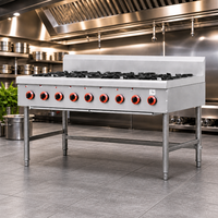 Cuisinière à gaz commerciale moderne en acier inoxydable de 58 pouces avec 8 brûleurs, plaque de cuisson et gril Lava intégré
