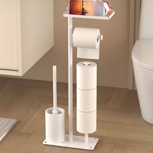 Modern Minimalist Free Standing Bathroom Organizer with Tiered Design <b>and</b> <b>Toilet</b> Brush <b>Holder</b> White Rectangular Plastic - Product Image 6