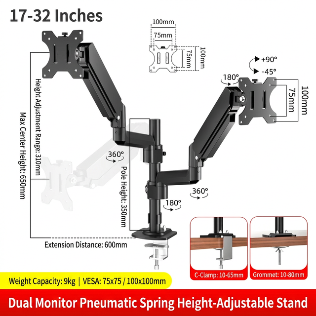 Business Wholesale Dual Monitor Arm Desk Mount Stand 14-32 Inch Screen Hold 18KG Rotate Tilt Swivel Height Adjustable 90 Degrees