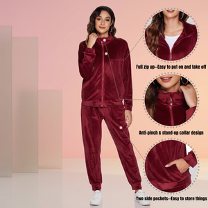 Ensemble de survêtement en velours pour femmes, 2 pièces, fermeture éclair intégrale, col montant, couleur unie, vêtements décontractés d'hiver avec poches latérales - Product Image 1