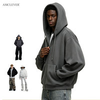 AMCLEVER 350GSM Sweat à capuche zippé de voyage pour homme avec coussin de cou gonflable intégré, couleur unie, coupe oversize