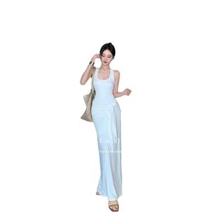 Vestido largo de verano para mujer con cinturón, cuello redondo, tirantes finos, color liso, abertura, transpirable, talla grande, cola capilla, estilo japonés - Product Image 2